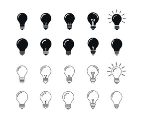 Lightbulb icons set, solid and outline, on and off idea symbols