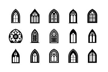 Gothic arch window silhouettes, vector collection architectural