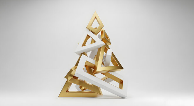 Abstract Geometric Christmas Tree Sculpture with Gold and White Triangles on White Background