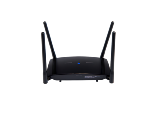 Black wireless router with antennas isolated on transparent background