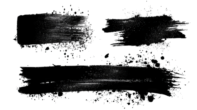 A collection of textured black paint strokes varying in shape and size, creating a dynamic artistic expression.