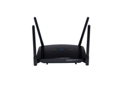 Black wireless router with antennas isolated on transparent background