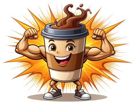Caffeine Power Cup Character with Muscles and Bold Expression