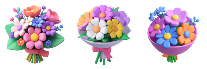 Three Colorful Flower Bouquets Rendered On A Transparent Background