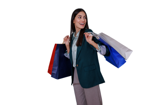 Young woman smiling, carrying colorful shopping bags, enjoying consumerism and retail, transparent background