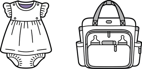 Baby dress, diaper bag, infant essentials, fashion flat sketch, technical drawing, apparel design, vector illustration, garment CAD