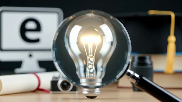 Illuminated Lightbulb Magnified with Graduation Items and Monitor Featuring Letter E on Desk In Soft Lighting