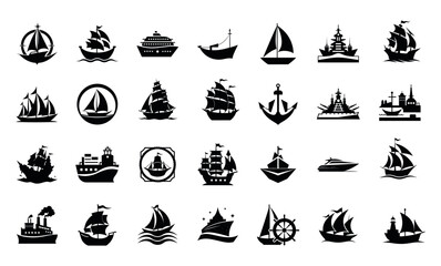 Diverse black silhouette boat and ship icons, comprehensive nautical transport vessel set