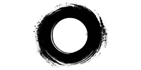 A circular, textured design resembling a painted brushstroke, showcasing dynamic lines and a central void.