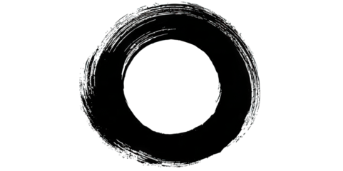 A circular brushstroke forms an incomplete ring, characterized by textured lines and a bold appearance.