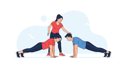 A female personal trainer supervises a man and woman doing planks, providing guidance for proper form during a gym workout.