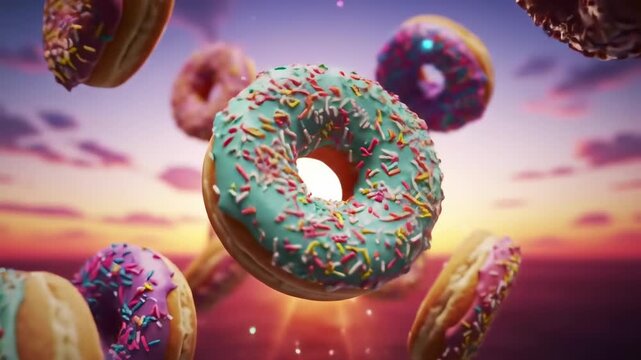 Donuts with icing and sprinkles float against a sunset, a treat to the eyes, tempting the palate