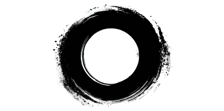 A circular, textured design resembling a painted brushstroke, showcasing dynamic lines and a central void.