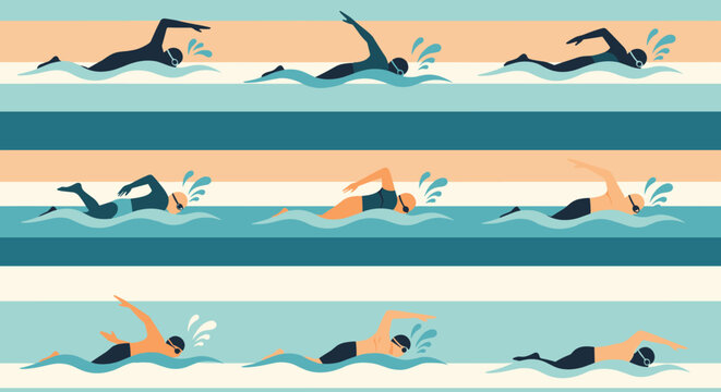A colorful illustration of diverse swimmers, both male and female, performing various strokes in striped pool lanes, creating a dynamic seamless pattern.
