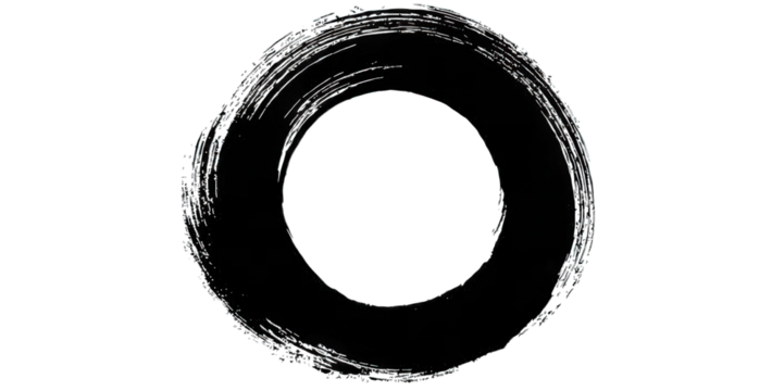 A circular brushstroke forms an incomplete ring, characterized by textured lines and a bold appearance.