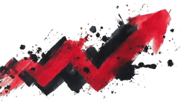 A bold upward arrow design with splashes of red and black paint, symbolizing growth or progress.