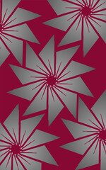 a striking abstract pattern featuring large, stylized, spiky floral or starburst shapes in gradient grey against a deep magenta background. The design is dynamic and modern