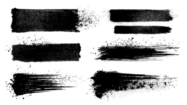 A collection of artistic brush strokes in varying widths and textures, showcasing dynamic lines and patterns.