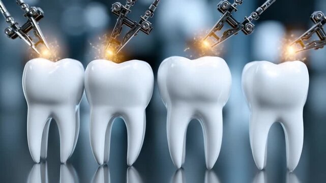 Four white teeth with robotic arms emitting light beams. Futuristic dental treatment concept