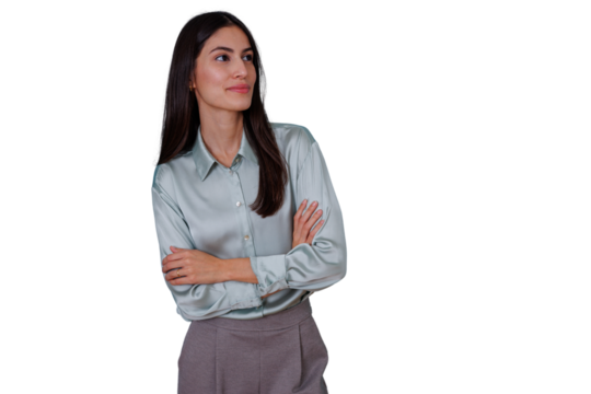 Confident businesswoman looking pensive, crossing arms, thinking about strategy and future success on transparent background - Powered by Adobe