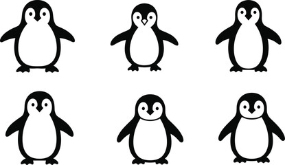 Cute cartoon penguins, funny animal illustration, adorable arctic birds, playful penguin characters, black and white wildlife, children’s design, winter mascot art