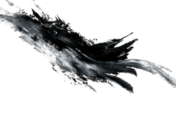 A dynamic, abstract design featuring flowing black and white brush strokes creating a sense of movement and depth.