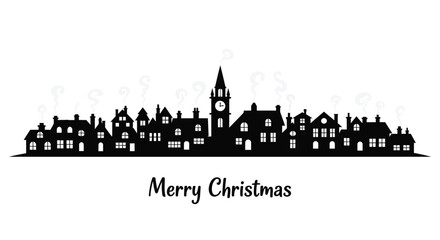 Fototapeta premium Charming black silhouette of a quaint village with smoking chimneys and a clock tower on a white background with merry christmas text