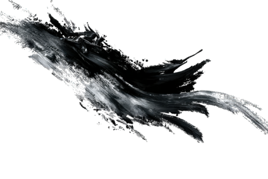 A dynamic, abstract design featuring flowing black and white brush strokes creating a sense of movement and depth.