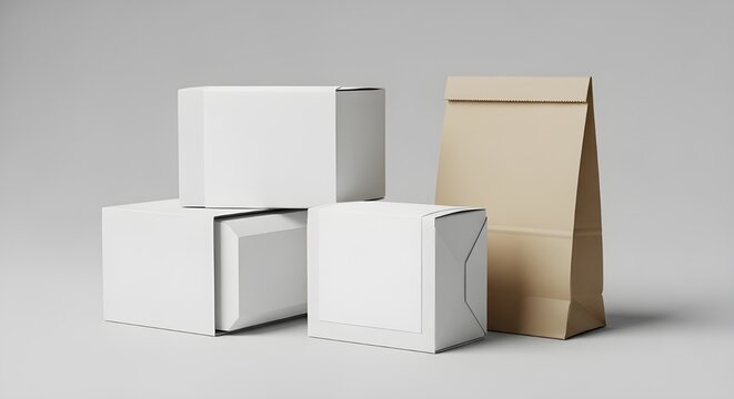 Stack of blank white cardboard boxes and a brown paper bag packaging mockups for branding and produc
