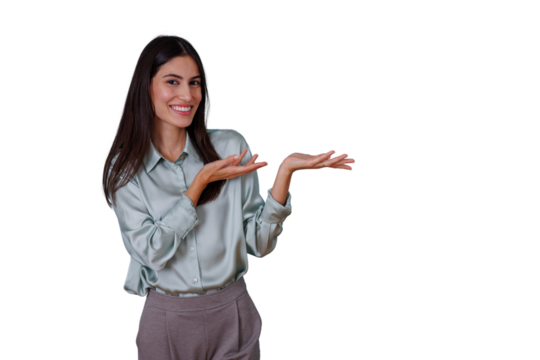 Young woman smiling, presenting concept with open hands, showing, offering, or inviting attention with copy space - Powered by Adobe