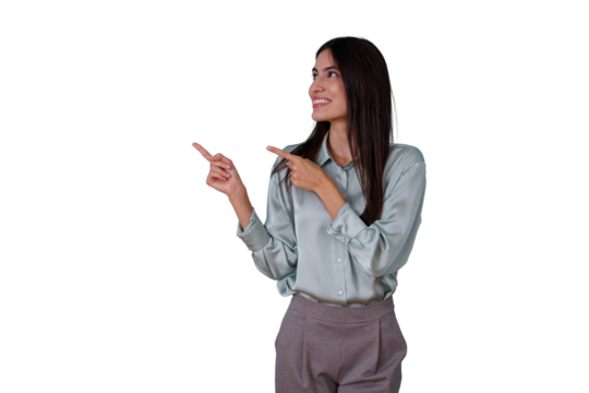 Smiling businesswoman pointing to side, presenting content, showing direction, making a choice, transparent background - Powered by Adobe