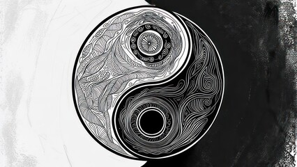 Intricate black and white Yin Yang symbol illustration on a textured background.