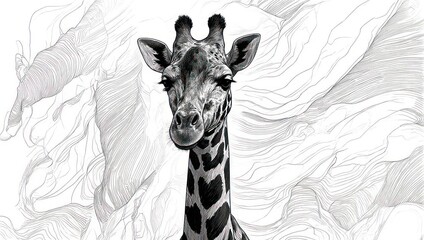 Monochrome giraffe portrait against an abstract wavy background.