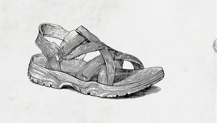 Hand-drawn sketch of a single sandal with intricate strap details and a sturdy sole, rendered in black and white with fine lines and shading.