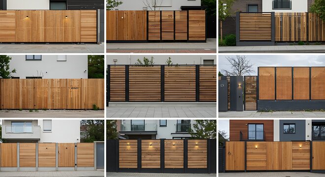 Composite image of various wooden gates and fences of homes, featuring diverse designs and styles