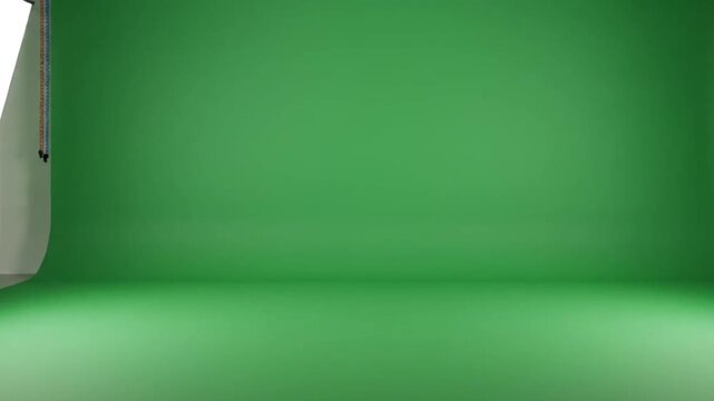Empty vibrant green screen studio background with modern professional lighting equipment ready for chroma key video filming and photo shoots.