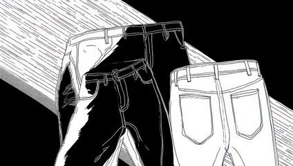 Monochrome graphic illustration of denim jeans in a bold line art style.