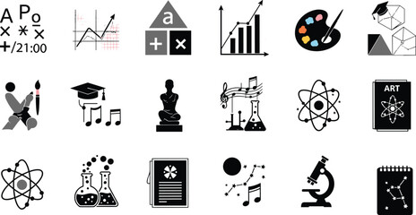 Educational icons set, academic subjects illustration, school learning symbols, science art music math, knowledge diversity, classroom resources, creative teaching design
