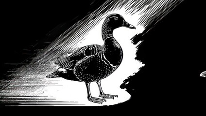 Monochrome duck illustration with dramatic diagonal light and shadow.
