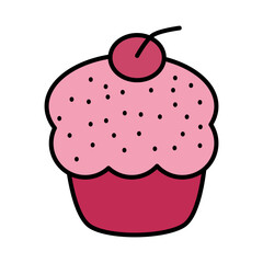 Pink cupcake with cherry on top and sprinkles, sweet dessert icon illustration