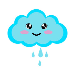 Cute blue cloud with smiling face and raindrops, cheerful weather icon illustration