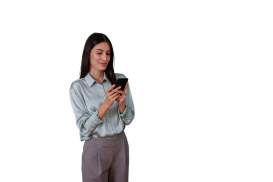 Businesswoman standing, smiling, messaging on mobile phone, communicating and networking online on transparent background