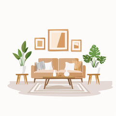 Modern Cozy Living Room Illustration – Scandinavian Interior with Sofa, Indoor Plants, Wooden Furniture, Minimalist Wall Art, Neutral Home Decor Vector