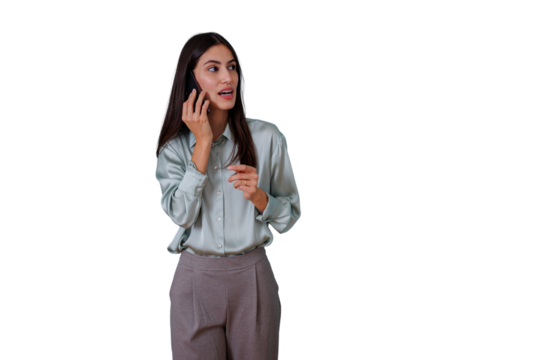 Woman holding smartphone to ear, talking and gesturing communicating surprise. Business casual attire on transparent background