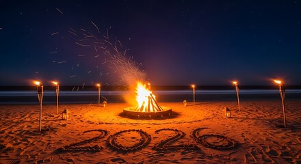 Romantic beach bonfire at night with tiki torches celebrating 2026 new year