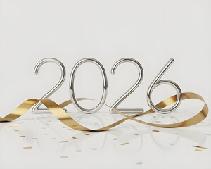 Silver “2026” digits with golden ribbon looped around and beneate
