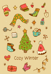 Winter cozy doodle set. Warm clothes, drinks, books, gifts, candles. Greeting card. Line art vector. on white background. Christmas mood