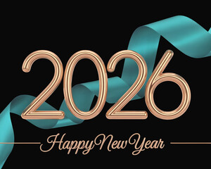 Golden 2026 typhography adorned by flowing teal ribbon on black background festive celebration