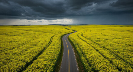 Fototapeta premium Spring Rapeseed Bloom with Rural Road Aerial Photography