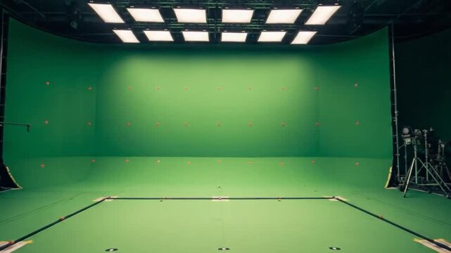 This large green screen studio with lights and tracking markers is set up for film production and advanced visual effects.